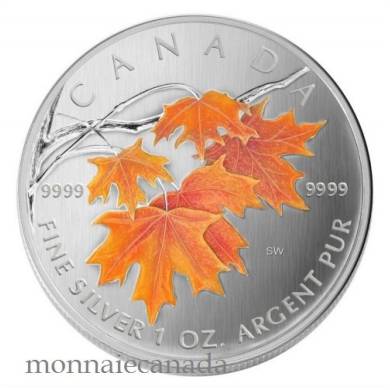 2007 $5 Fine Silver Maple Leaf Coloured - Sugar Maple in Orange - TAX Exempt - Impaired