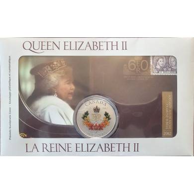 2012 - Pice de 50 cents colore plaque argent et Timbre - Emblme canadien du Jubil de diamant de la Reine