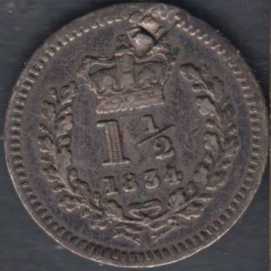1834 - 1 1/2 Pence Argent - Damaged - Great Britain