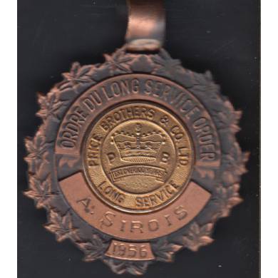 Ordre du Long Service Order - Price Brothers & Co Ltd. - A. Sirois 1946 - Medal