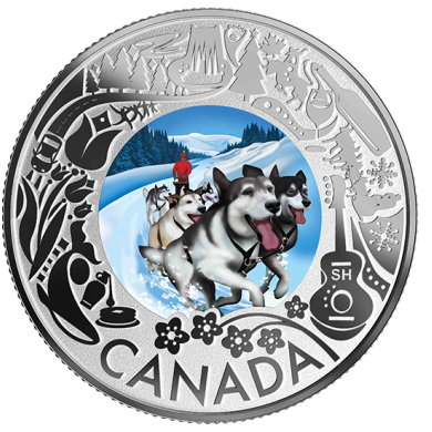 2019 - $3 - Pice colore en argent pur - Petits bonheurs de la vie au Canada : Randonne en traneau  chiens