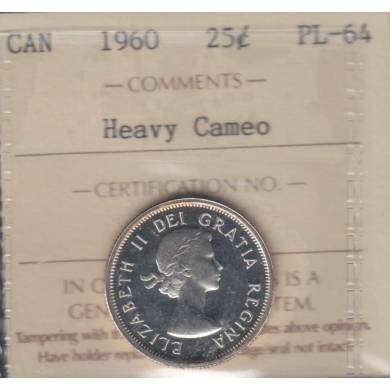 1960 - PL 64 - Heavy Cameo - ICCS - Canada 25 Cents