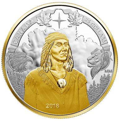 2018 - $25 - Piedfort de 1 oz en argent pur avec placage d'or - 250e anniversaire de la naissance de Tecumseh