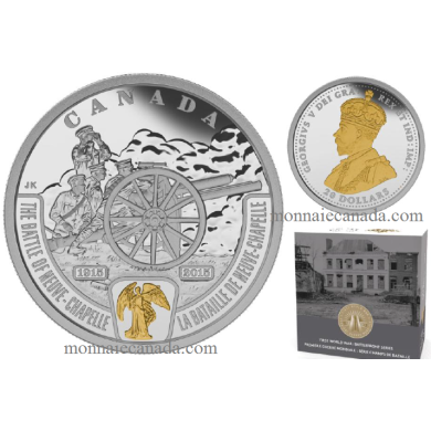 2015 - $20 -1 oz Fine Silver Gold-Plated Coin - First World War Battlefront  The Battle of Neuchatel