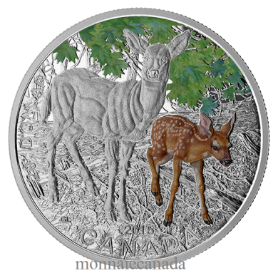 2015 - $20 - Pièce 1 oz en argent fin Colorée & Timbre – Petits du monde animal : Le cerf de Virginie