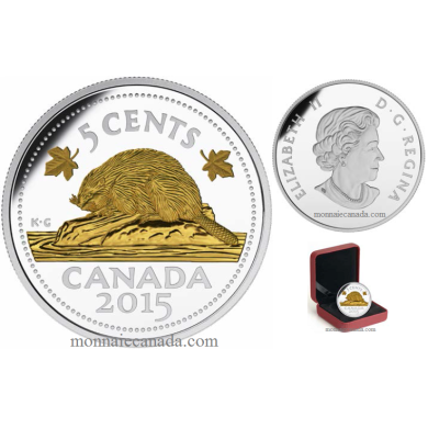 2015 - 5 Cents - 1 oz. Fine Silver Gold-Plated Legacy of the Canadian Nickel - The beaver