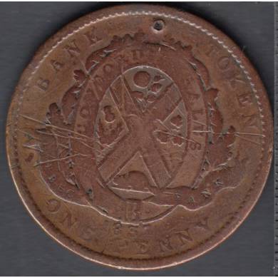 1837 - VG/F - Troué - Quebec Bank - One Penny Token - Deux Sous - LC-9B2 - Province Bas Canada