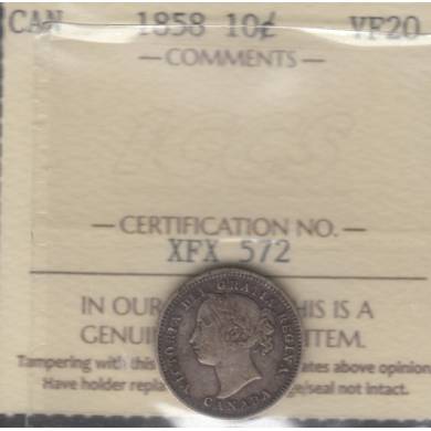 1858 - VF-20 - ICCS - Canada 10 Cents