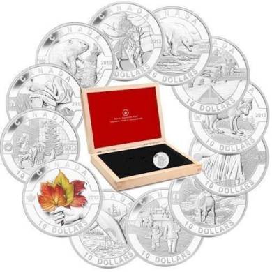 2013 - 12 Coin Set - $10 Dollars - 1/2 oz. Fine Silver - O Canada - *** COINS TONED ***