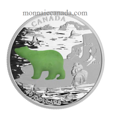 2015 - $20 - 1 oz en argent fin avec incrustation de jade – Emblèmes canadiens : Ours polaire