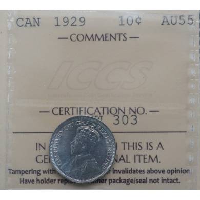 1929 - AU 55 - ICCS - Canada 10 Cents