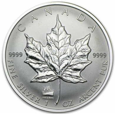 1998 Canada $5 Dollars Maple Leaf 99,99% Fine Silver 1 oz Coin - Titanic Privy Mark *** COIN MAYBE TONED ***