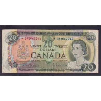1969 $20 Dollars - F/VF - Beattie Rasminsky - Prefix *EM - Replacement