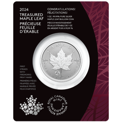 2024 - $5 - 1-oz. 99.99% Pure Silver Coin  Treasured Silver Maple Leaf First Strikes: Congratulations Privy Mark (Premium Bullion)