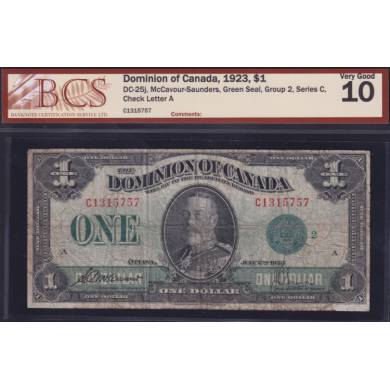1923 $1 Dollar - VG 10 - Green Seal - Dominion of Canada - BCS Certified
