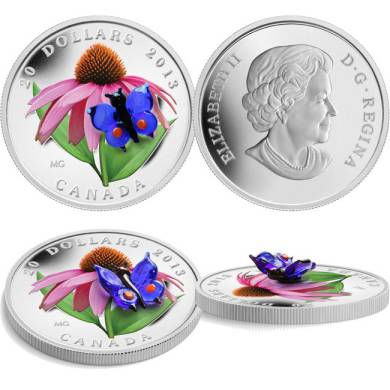 2013 - Pièce en argent fin - Échinacée pourpre et papillon en verre vénitien $20