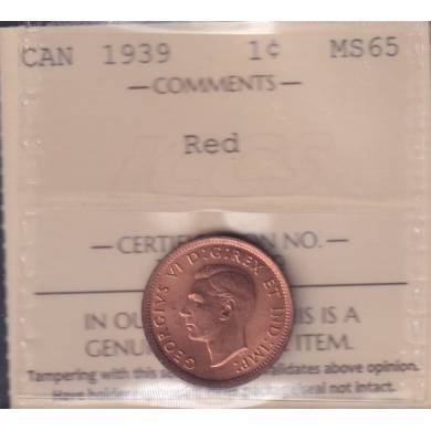 1939 - MS 65 RED - ICCS - Canada Cent