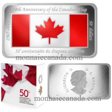 2015 - $50 - 1.5 oz. Fine Silver Coloured Rectangular Coin - 50th Anniversary of the Canadian Flag -