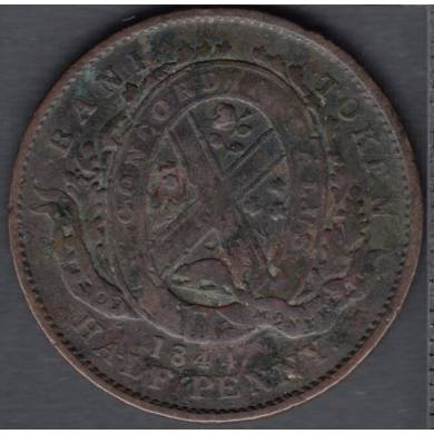 1844 - VF - Damaged- Half Penny - Token Bank of Montreal - Province of Canada - PC-1B1