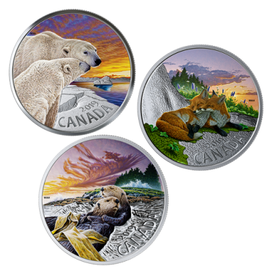 2019 - 3-coin Set - Canadian Fauna - $20 - 1 oz. Pure Silver Coloured 3-Coin Subscription