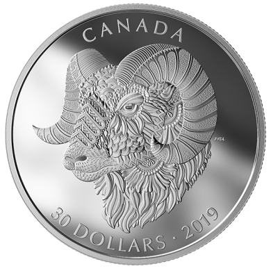 2019 - $30 - 2 oz. Pure Silver Coin - Zentangle Art: Bighorn Sheep