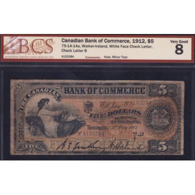 1912 $5 Dollars - VG 8 - Canadian Bank of Commerce - BCS Certified