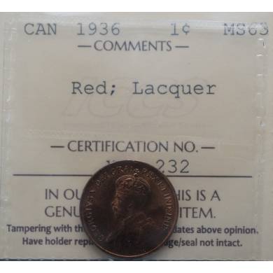 1936 - MS 63 Red - Lacquer - ICCS - Canada Cent