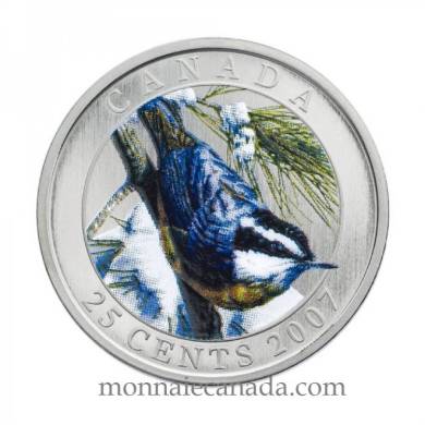 2007 Canada 25 cents  Red-Breasted Nuthatch Coloured Coin Bird - Impaired
