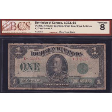 1923 $1 Dollar - VG 8 - Green Seal - Dominion of Canada - BCS Certified
