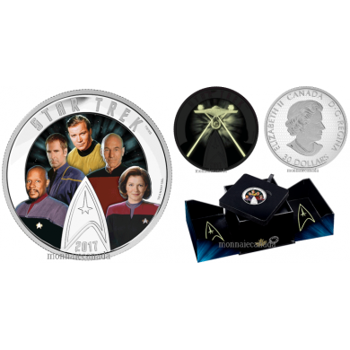 2017 - $30 - Star Trek: Five Captains - 2 oz. Pure Silver Coloured Glow-in-the-Dark Coin