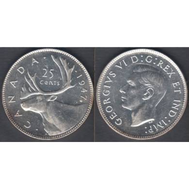 1947 - Maple Leaf - B. Unc  - Rotated Dies - Canada 25 Cents
