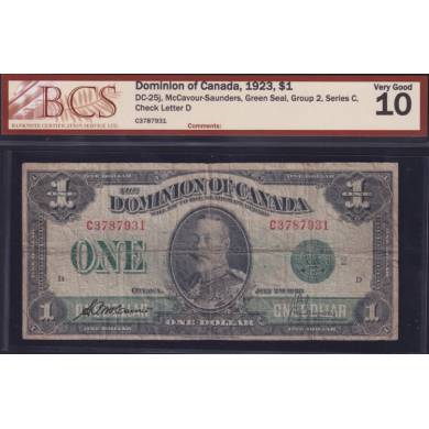 1923 $1 Dollar - VG 10 - Green Seal - Dominion of Canada - BCS Certifié