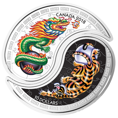 2018 - $10 - Pices de 1 oz en argent pur  Le yin et le yang en noir et blanc : Tigre et Dragon