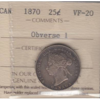 1870 - VF-20 - ICCS - Obverse 1 - Canada 25 Cents