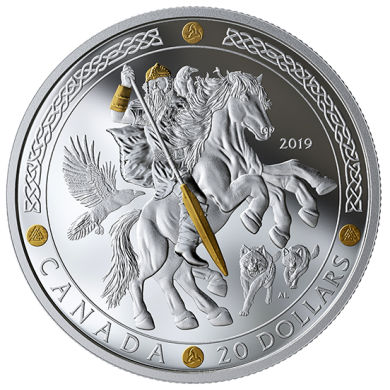 2019 - $20 - Pice de 1 oz en argent pur avec placage d'or - Dieux nordiques : Odin