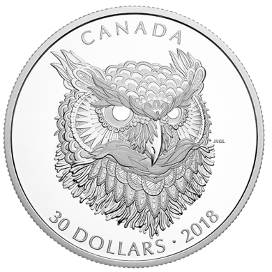 2018 - $30 - 2 oz. Pure Silver Coin - Zentangle Art: The Great Horned Owl