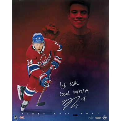 Nick Suzuki autographi et inscrit "1st NHL GOAL 10/17/19" 16x20 - Upper Deck Authentifi - Limit  25