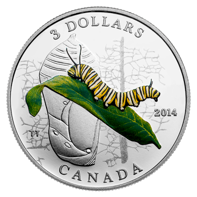 2014 - $3 - 1/4 oz. Fine Silver Coin - Animal Architects: Caterpillar and Chrysalis