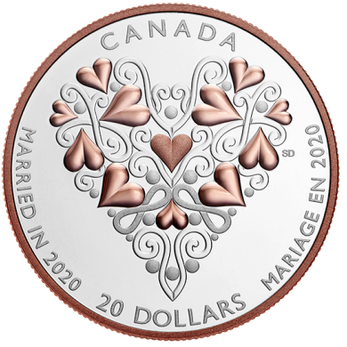 2020 - $20 - Best Wishes On Your Wedding Day - 1 oz. Pure Silver Coin with Pink Gold Plating