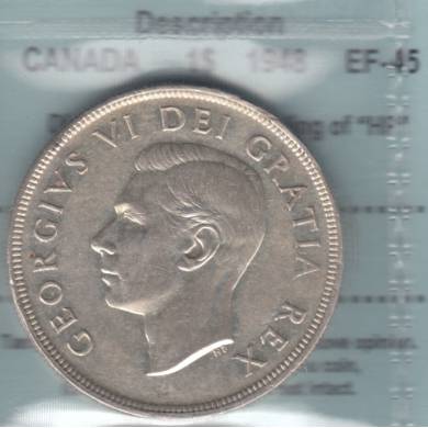 1948 - EF-45 - CCCS - Die Deterioration Doubling of HP - Canada 1 Dollar