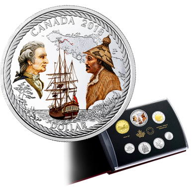 2018 - Ensemble preuve numismatique avec dollar en argent dition spciale : 240e anniversaire de l'arrive du capitaine Cook dans la baie Nootka