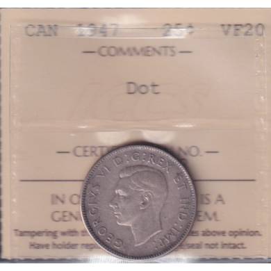 1947 - VF 20 - Dot - ICCS - Canada 25 Cents