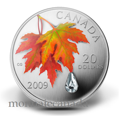 2009 $20 Fine Silver Coin -  Maple Leaf Autumn Crystal Raindrop - TAX Exempt