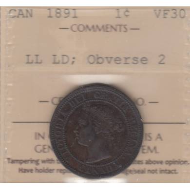 1891 - VF-30 - ICCS - LL LD Obverse 2 - Canada Large Cent