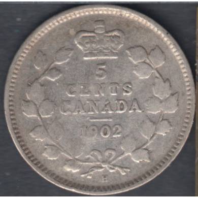 1902 H - VG - Small H - Damaged - Canada 5 Cents