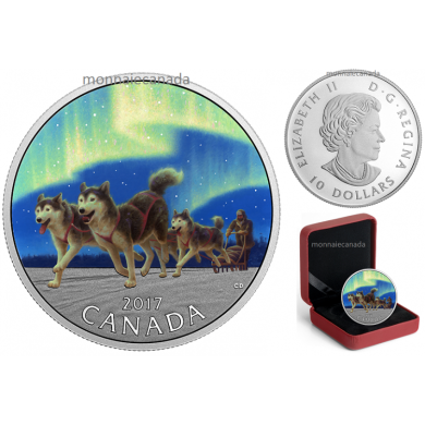 2017 - $10 - 1/2 oz. Pure Silver Coloured Coin  Dog Sledding Under the Northern Lights