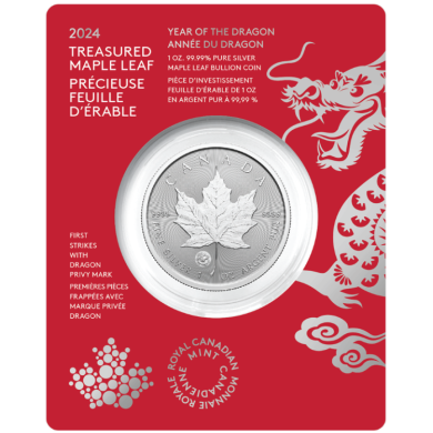 2024 - $5 - 2024 1-oz. 99.99% Pure Silver Coin  Treasured Silver Maple Leaf First Strikes: Year of the Dragon Privy Mark (Premium Bullion)