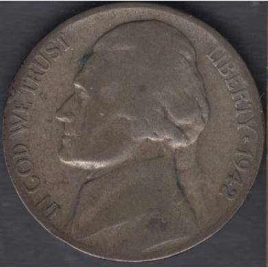 1942 S - VG - Jefferson - Wartime Silver - 5 Cents