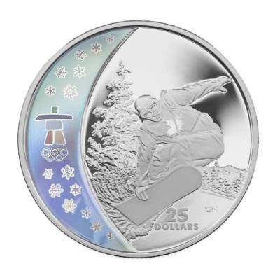 2008 $25 Dollars - Silver Hologram Coin – Snowboarding