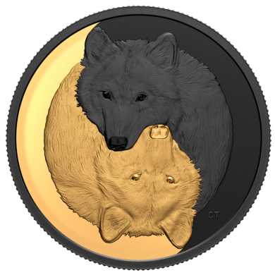2021 - $20 - Pice de 1 oz en argent pur avec placage d'or - Noir et or : Le Loup Gris